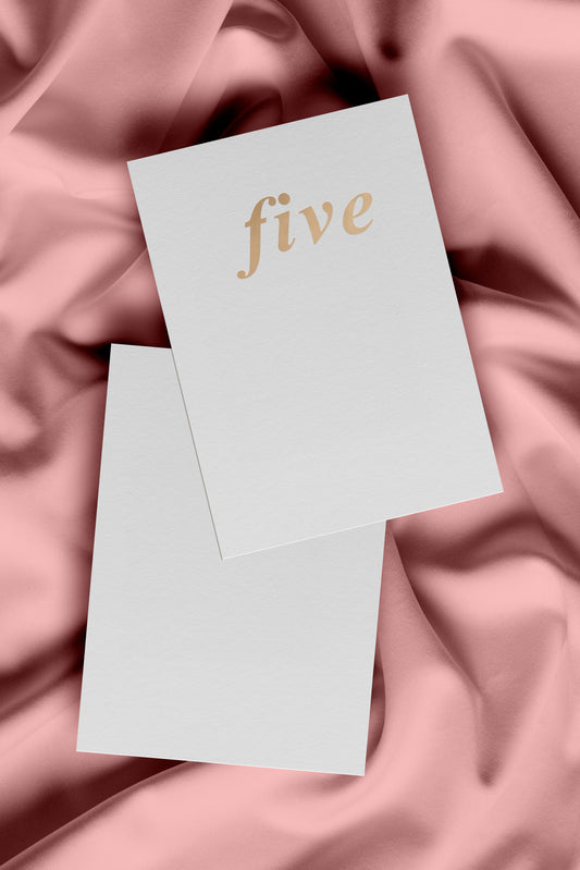 Elevated five greeting card. Gold embossing on crisp white cardstock